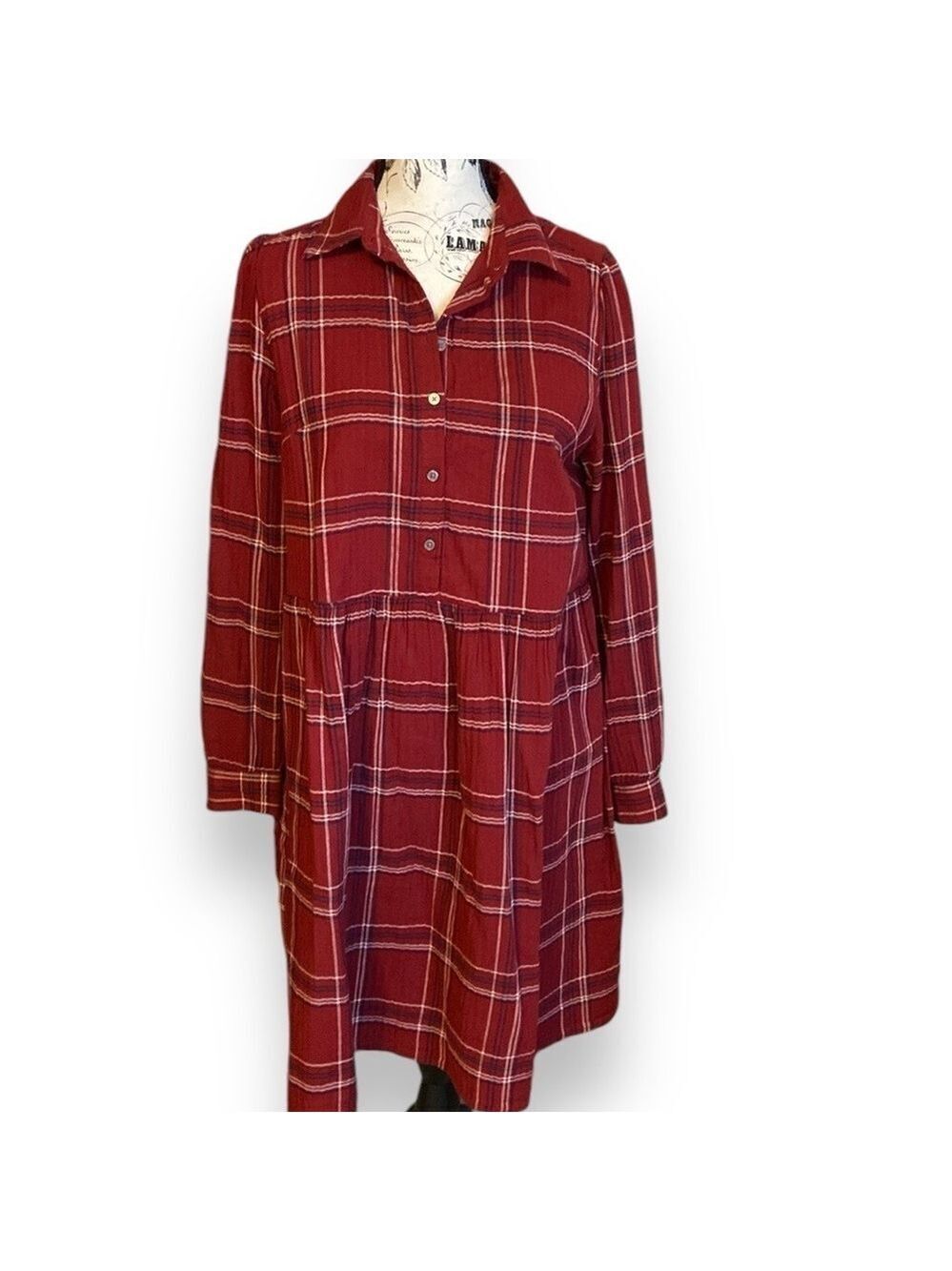 LOFT Shirtdress Plaid Swing Flowy Rust Red Multi Size M